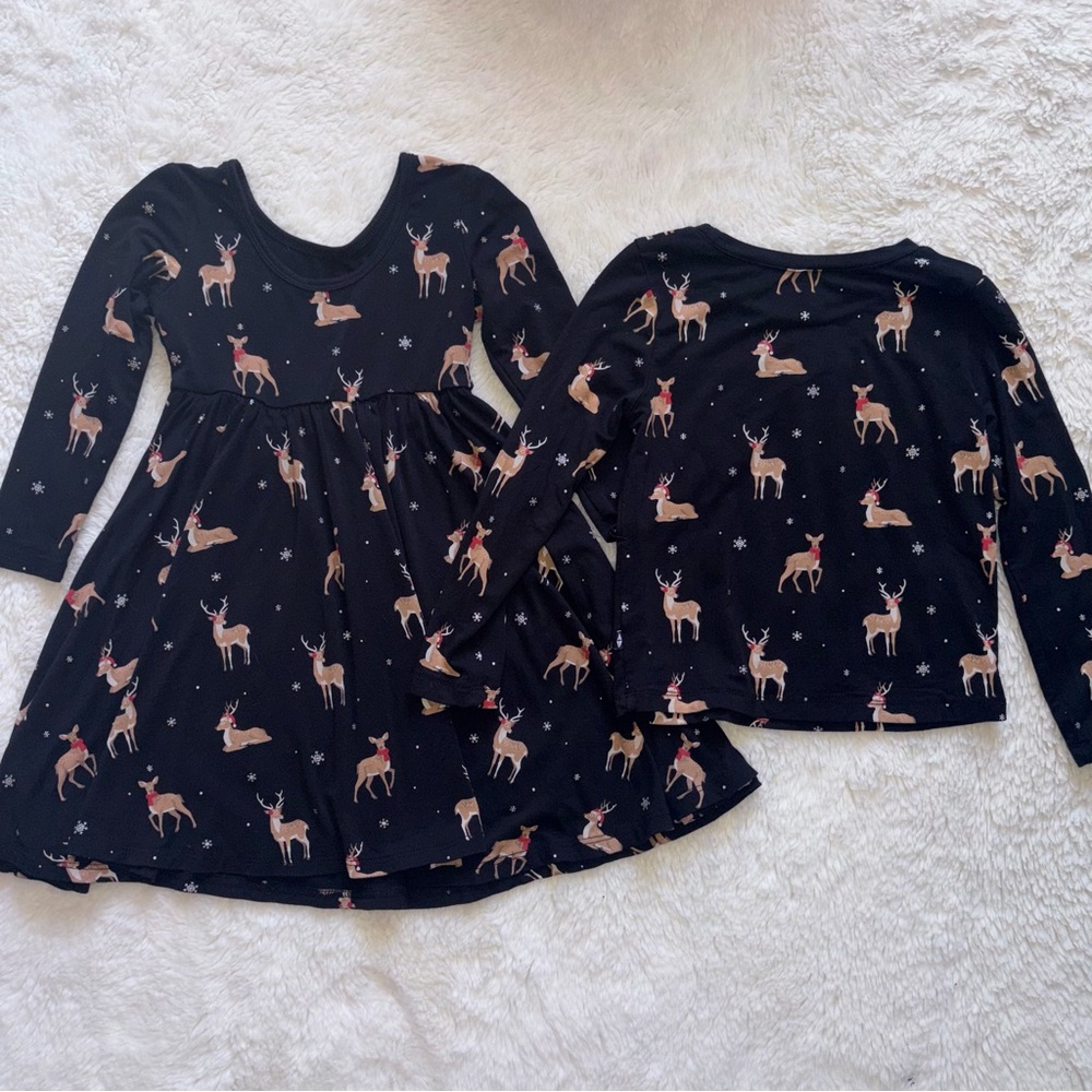 Two Kyte Baby Girls 3T Midnight Deer Twirl LS Dress + LS Tee Shirt Christmas Lot - Picture 7 of 10